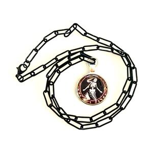 Mermaid Skeleton Black and Silver Halloween Pendant Necklace. 24” black chain.